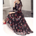 Spring Ladies Chiffon Printed Stand Collar Long Sweet Dress